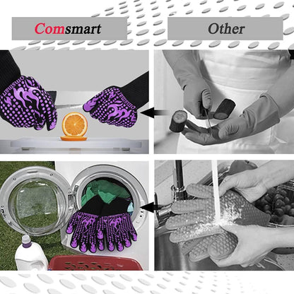 Comsmart BBQ Gloves, 1472 Degree F Heat Resistant Grilling Gloves Silicone Non-Slip Oven Gloves Long Kitchen Gloves for Barbecue, Cooking, Baking, Cutting
