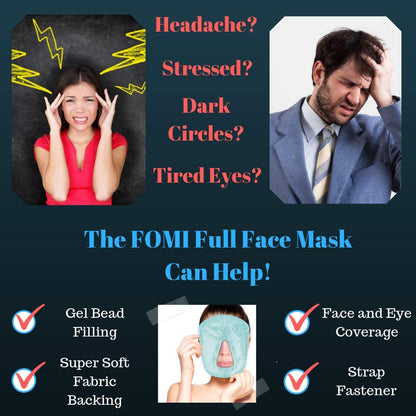 Hot and Cold Therapy Gel Bead Full Facial Mask by FOMI Care | Ice Face Mask for Migraine Headache, Stress Relief | Reduces Eye Puffiness, Dark Circles | Fabric Back (Full Face w/Eye Holes)