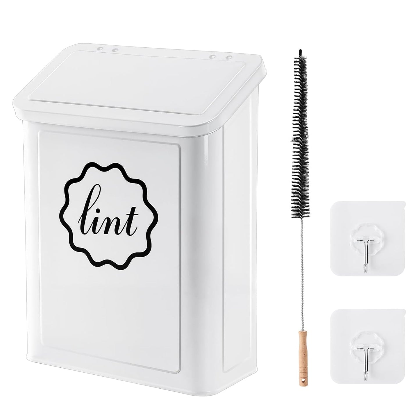 Magnetic Lint Trash Can, Metal Wall Mounted Lint Bin with Lid for Dryer, Laundry Room Organization, Lint Basket with Extended Soft Brush
