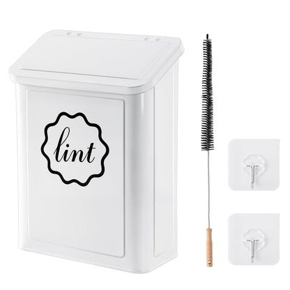 Magnetic Lint Trash Can, Metal Wall Mounted Lint Bin with Lid for Dryer, Laundry Room Organization, Lint Basket with Extended Soft Brush