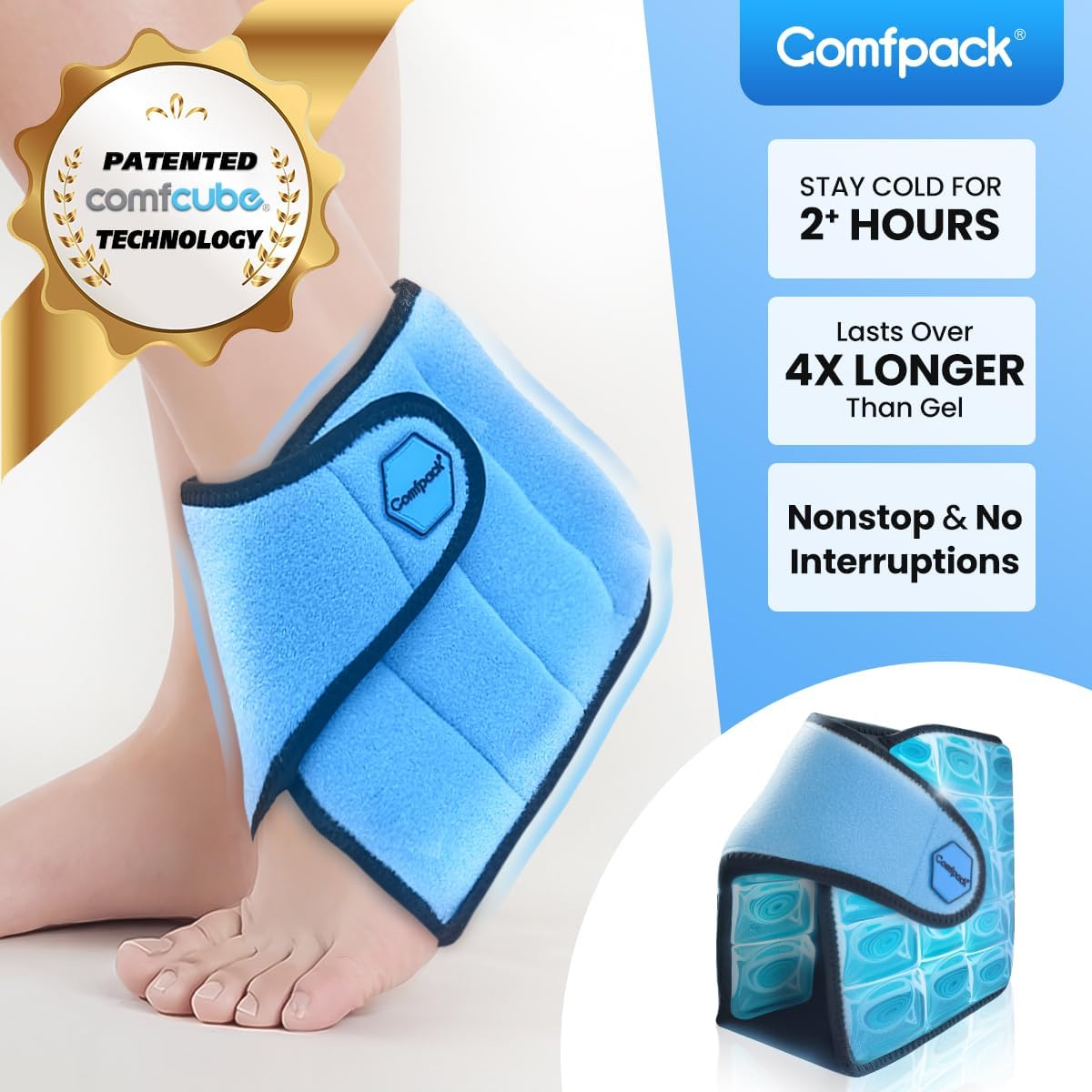 Comfpack Ankle Foot Ice Pack Wrap,2 Hours Cold for Plantar Fasciitis Relief | Large Coverage for Feet Pain Relief, Reusable Ice Boot for Injuries, Sprained Ankle, Swelling, Achilles Tendonitis, Surgery