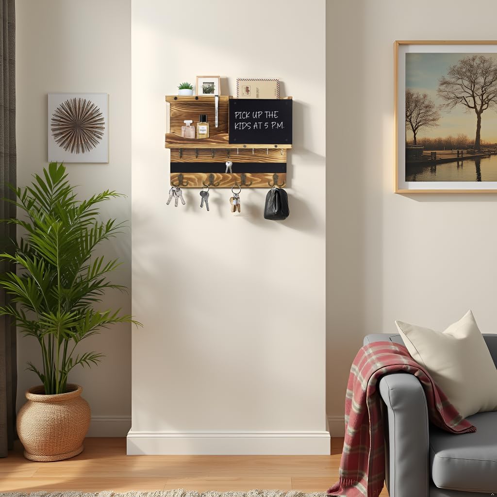Key Holder for Wall Mount with Shelf and Mail Organizer, Key and Mail Holder with 16 Hooks, Farmhouse Entryway Organizer, Home Decor Rack (Pine Wood, White Washed)