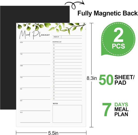 2 PCS Weekly Meal Planner Magnetic for Fridge 8.3x5.5”, Undated Meal Planner and Grocery List Tearable Shopping List, Magnetic Menu Planner for Fridge for Weekly Plan - 50 Pages/Book