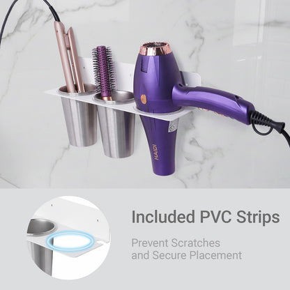 Hair Tool Organizer Wall Mount, Stainless Steel Hair Tool Holder with 2 Heat-Resistant Cups, Curling Iron Holder for Vanity, Hot Tools Organizer with PVC Ring,Hair Dryer Holder for Bathroom, BANJEKT
