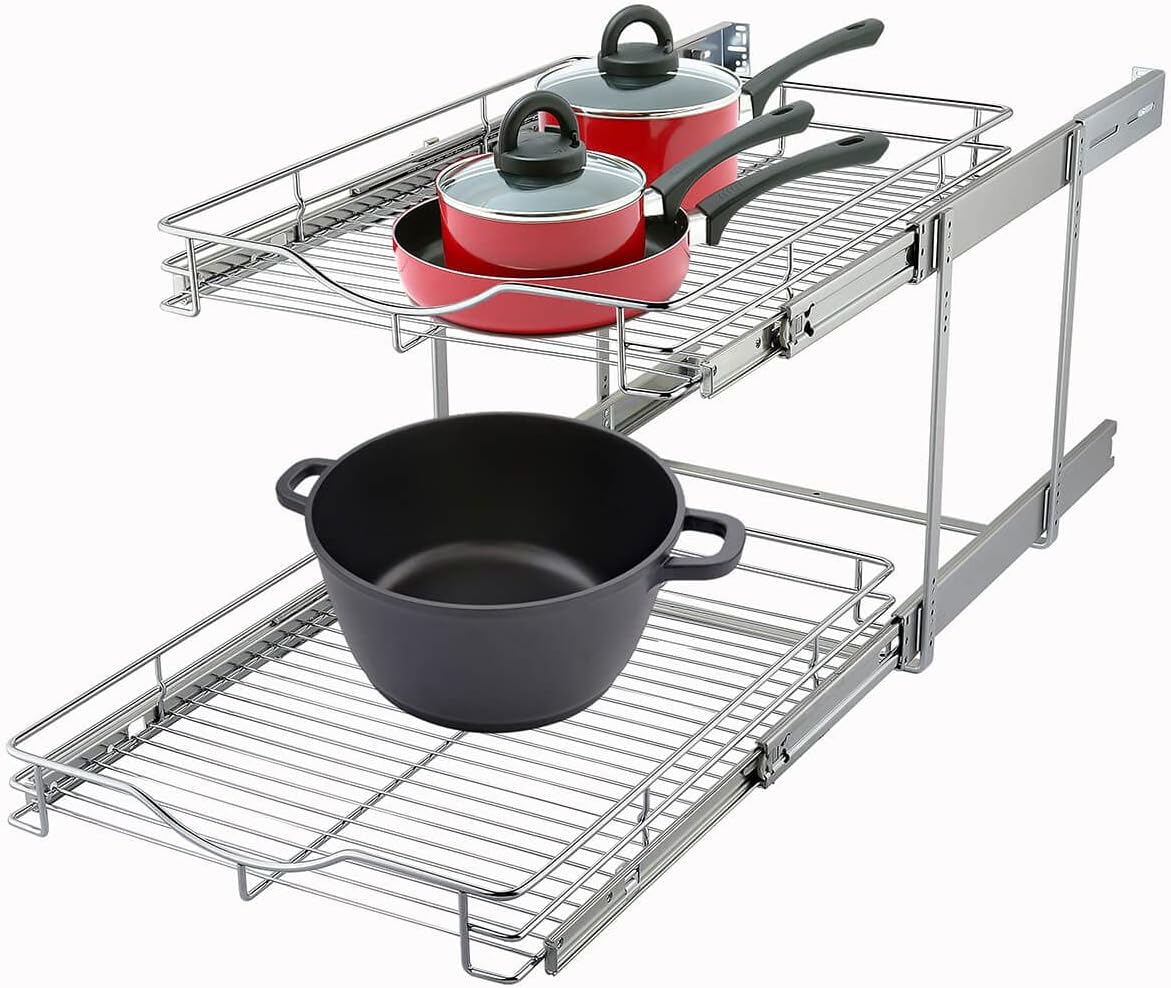DINDON 2 Tier Pull Out Cabinet Organizer (20" W X 21" D), Double Tier Wire Basket Slide Out Shelf Storage for Kitchen Base Cabinet Organization for Kitchen, Pantry, Bathroom, Chrome