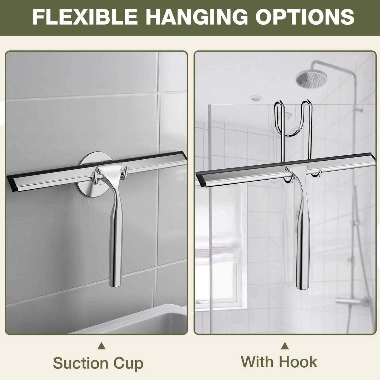 FARMER 10-Inch Shower Squeegee for Glass Doors, Windows and Mirrors, Black | Suction Wall Hook, Over-Door Hook, Non-Scratch Blade with Quiet Glide for Multi-Surface Cleaning on Glass, Tile and Mirrors