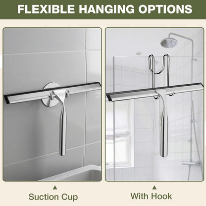 FARMER 10-Inch Shower Squeegee for Glass Doors, Windows and Mirrors, Black | Suction Wall Hook, Over-Door Hook, Non-Scratch Blade with Quiet Glide for Multi-Surface Cleaning on Glass, Tile and Mirrors