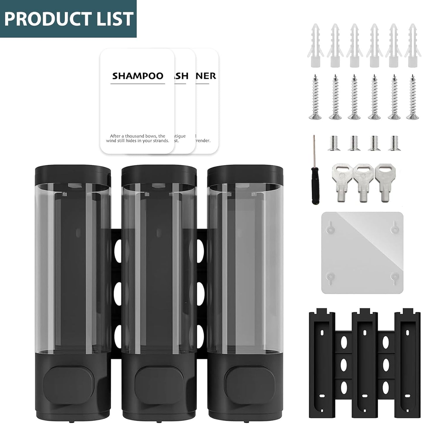 Shampoo Conditioner Shower Soap Dispenser 3 Chamber Wall Mount Black | Refillable. Leakproof 900ml. No-Drill Wall Mount. Soap, Shampoo, Conditioner, Body Wash, Shower Gel, Bathroom Set. BPA-Free.