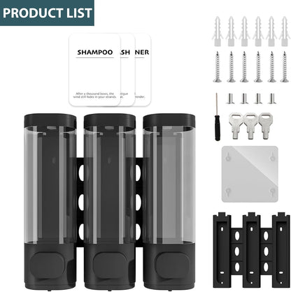 Shampoo Conditioner Shower Soap Dispenser 3 Chamber Wall Mount Black | Refillable. Leakproof 900ml. No-Drill Wall Mount. Soap, Shampoo, Conditioner, Body Wash, Shower Gel, Bathroom Set. BPA-Free.
