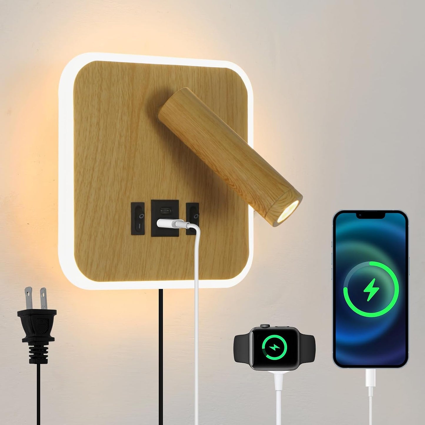 Plug in Wall Sconce with Wall Mounted Reading Lights with Switch | Wall Lamp for Bedroom with Charging Station USB C+A Ports,Bunk Bed Lights with 3W+9W Night Light,Walnut Color Reading Light