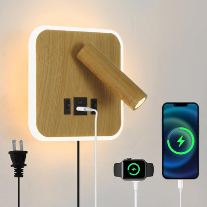 Plug in Wall Sconce with Wall Mounted Reading Lights with Switch | Wall Lamp for Bedroom with Charging Station USB C+A Ports,Bunk Bed Lights with 3W+9W Night Light,Walnut Color Reading Light