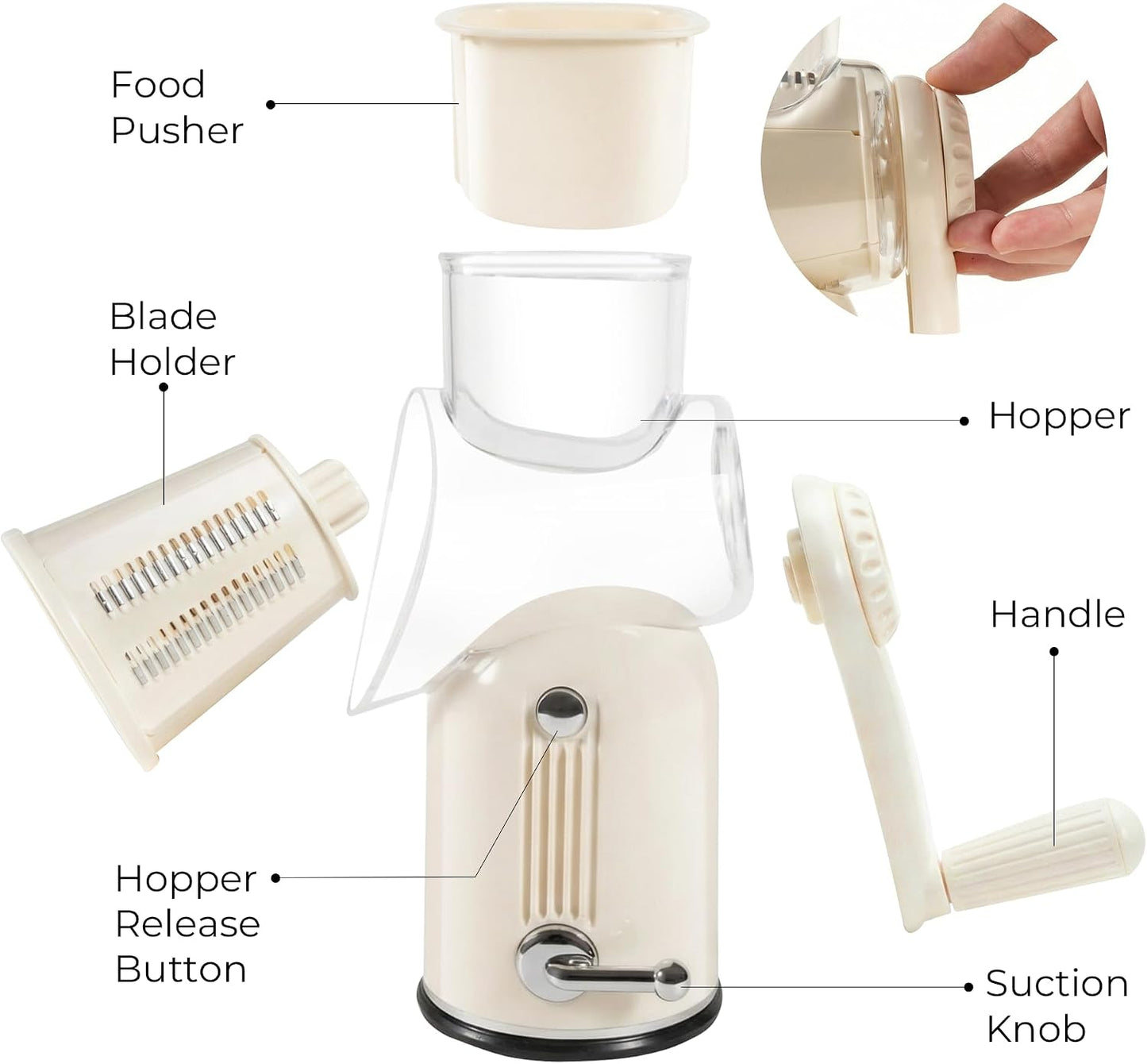 Rotary Cheese Grater Manual Hand Crank with 5 Blades & Suction Base, Kitchen Vegetable Shredder Slicer for Veggie, Nuts, Fruit, Cream