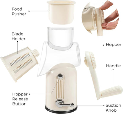Rotary Cheese Grater Manual Hand Crank with 5 Blades & Suction Base, Kitchen Vegetable Shredder Slicer for Veggie, Nuts, Fruit, Cream