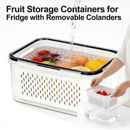 Fruit Storage Containers for Fridge with Removable Colanders, Household Transparent Plastic Food Storage Box-Including Drain Basket, 4 in 1 Food Storage Container, Vegetable Storage (Gray, S+M+L)