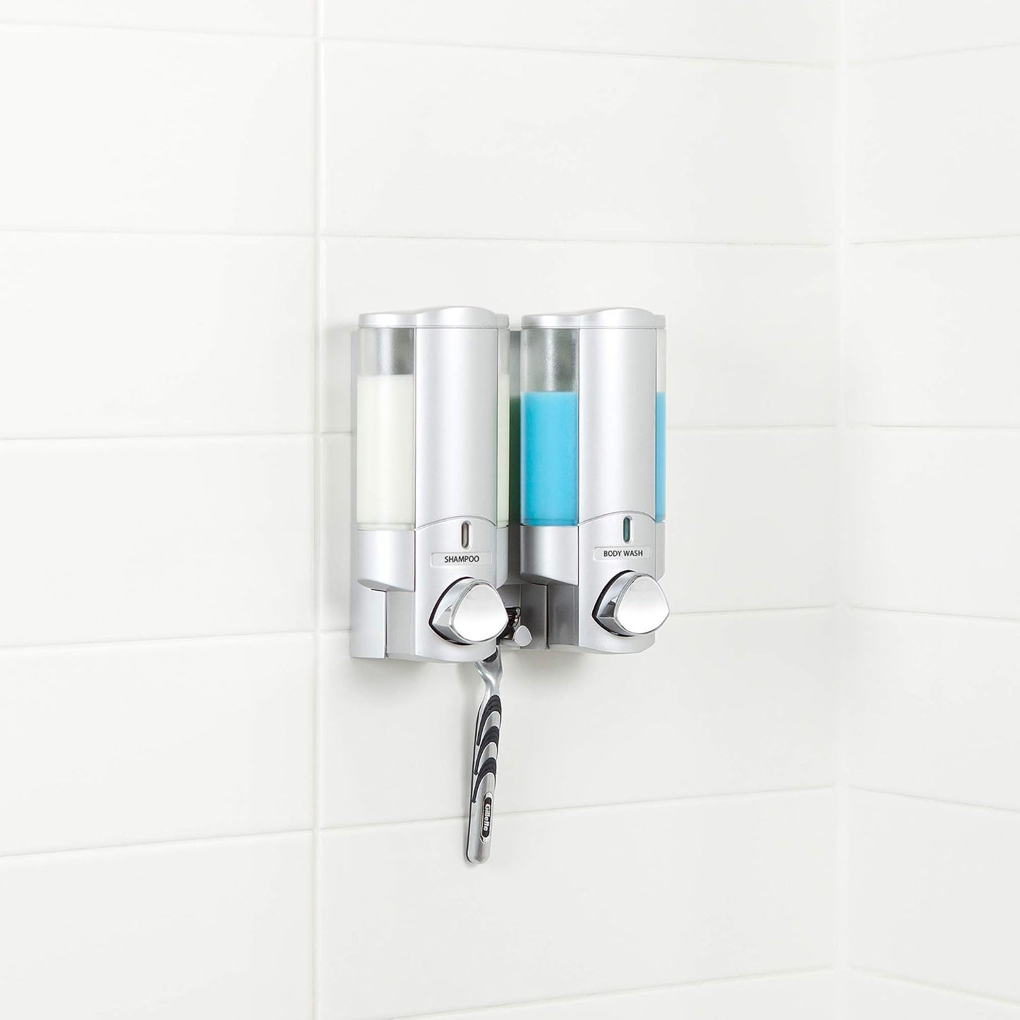 Better Living Aviva Wall Mount Shower Dispenser, 3 x 11 oz, Satin Silver | 3 Chamber, Shower Dispenser for Bathroom, Built-in Hooks, No Drill, Waterproof Dispenser Pump