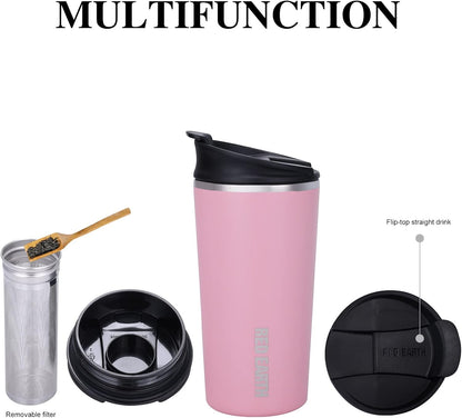 GiNT 17oz Travel Tea Mug with Infuser, 2 Lids. Vacuum Insulated 316 Stainless Steel Coffee Mug. Dishwasher Safe Tea Cup with Strainer for Hot & Cold Brew Coffee. Mothers Day Gifts for Mom (Green)