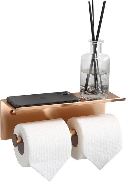 Black Toilet Paper Roll Holder with Shelf Wall Mounted for Bathroom (Black, Double Head)