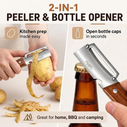 2 pcs vegetable peeler with Wooden Handle. | 2-in-1 Multifunctional Stainless Steel Peeler & Bottle Opener,Sharp Kitchen Peeler Suitable for Potatoes, Pumpkins, Carrots.