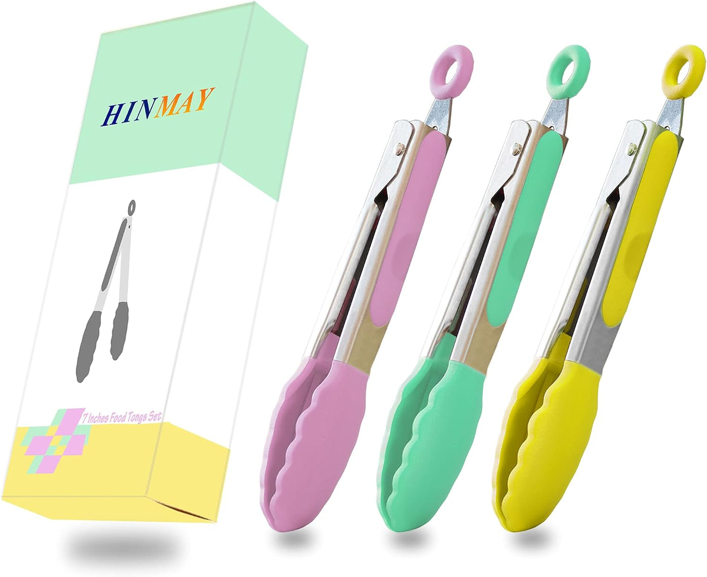 HINMAY Mini Tongs with Silicone Tips 7-Inch Serving Tongs, Set of 3 (Red Blue Green)