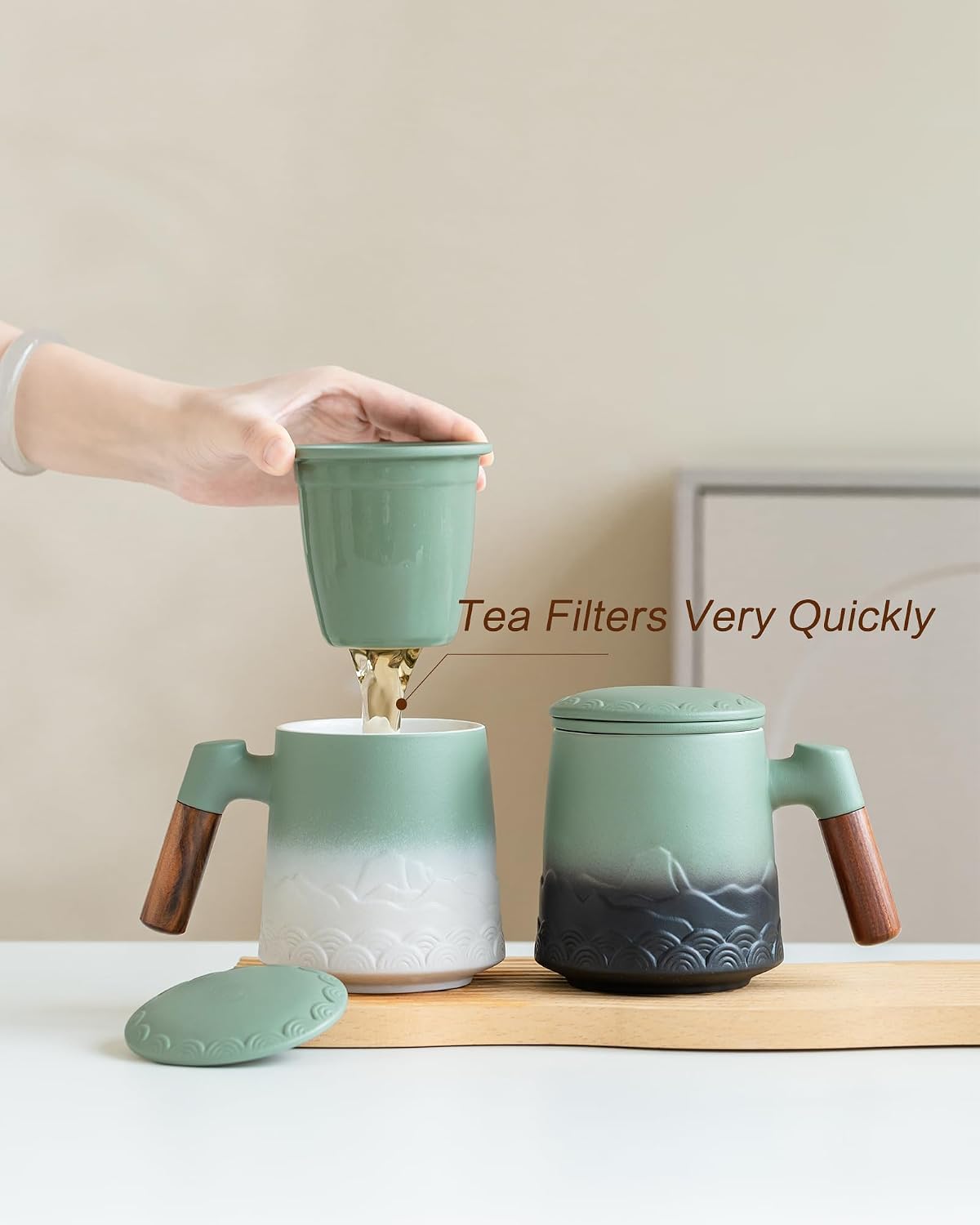 ZENS Tea Mug with Infuser and Lid for Loose Leaf Tea Steeper, 16.9oz Moss | Embossed Ceramic Tea Cup with Infuser for Herbal Tea Difussers, Tea Lovers Gifts, Nature Wood Handle