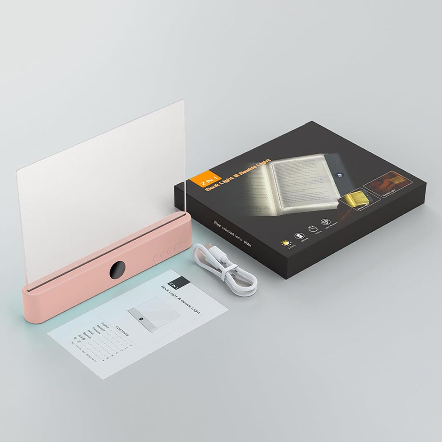 Book Light for Reading in Bed, Rechargeable LED Flat Book Light with Clear Full Page Panel, 3 Color Temperatures, Stepless Dimming, 1–99 Min Timer, 1200mAh USB-C Bookmark Light for Book Lovers(Pink)