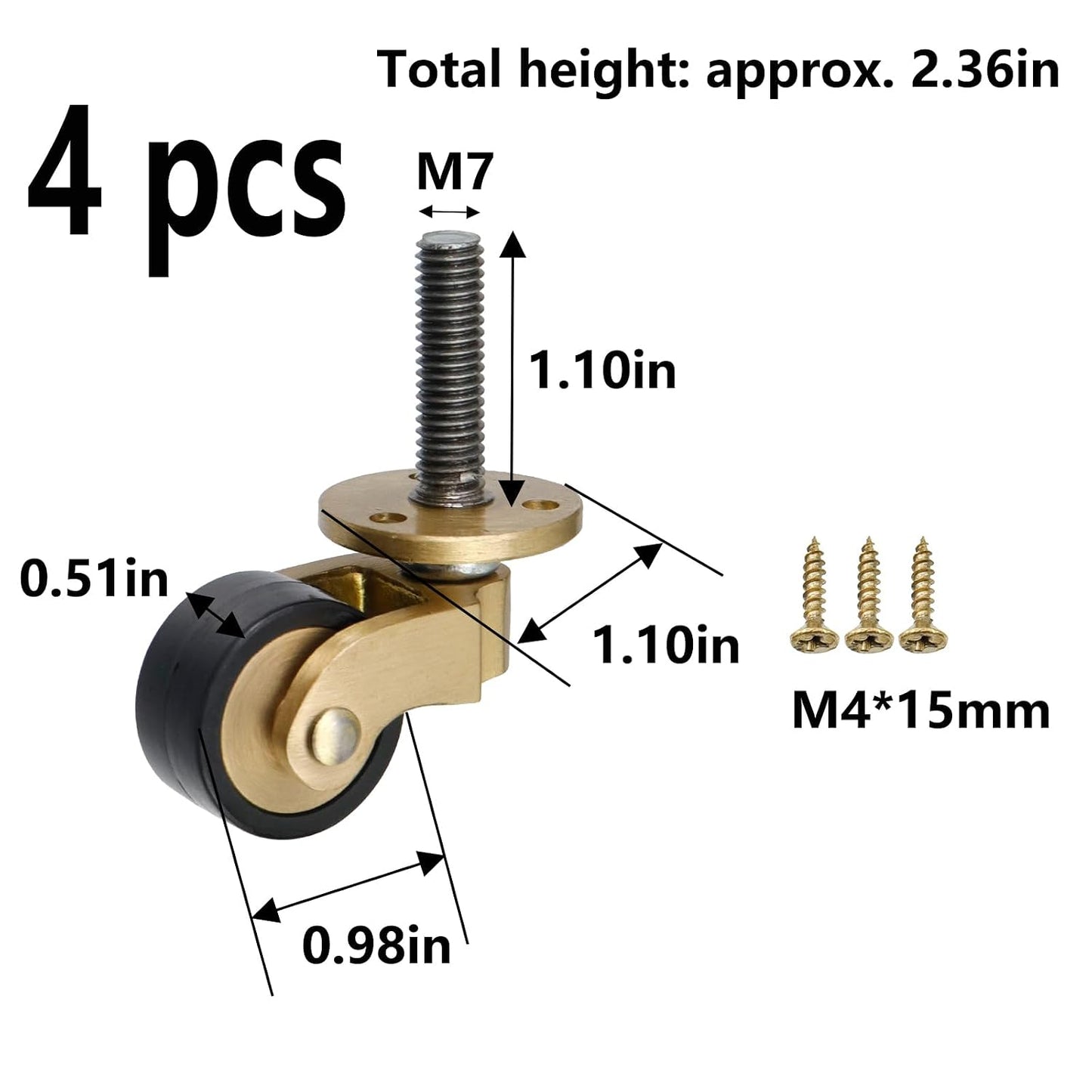 Semetall 4PCS Swivel Caster Wheels Square Cup Furniture Castors (Bronze) | 150kg Load Capacity, with Screws for Piano Feet, Sofa, Table, 1.02 Inch (26mm) Wheels