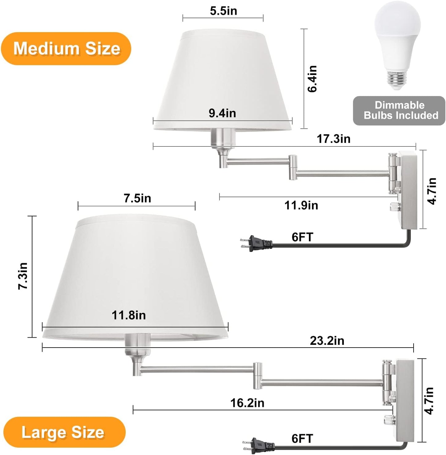 TRLIFE Wall Sconce Plug in, Dimmable Wall Sconces Set of Two Swing Arm Wall Lights with Plug in Cord and On/Off Dimmer Rotary Switch, 9.4" Medium Beige Fabric Shade(2 Pack, 2 Bulbs)