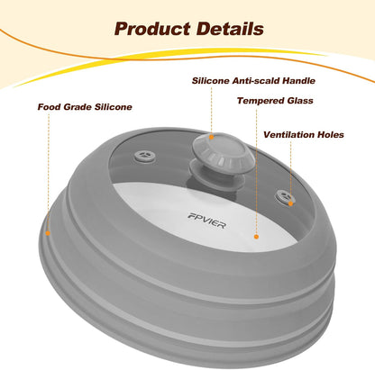Microwave Splatter Cover, Vented Silicone & Glass Anti-Splatter Lid with Handle, Collapsible Food Plate Cover Fits 6–11 Inch Plates and Bowls (Black, 10.8inch)