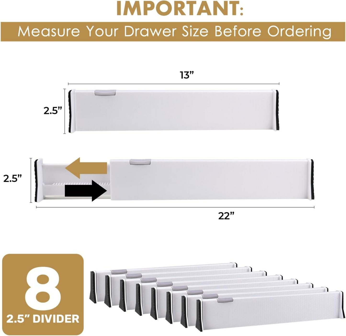 RAPTUROUS Adjustable Deep Drawer Divider – 6" Tall, Expandable 13-22", 4-Pack, Non-Slip Drawer Dividers for Clothes, Dresser, Kitchen & Office Organization (White)