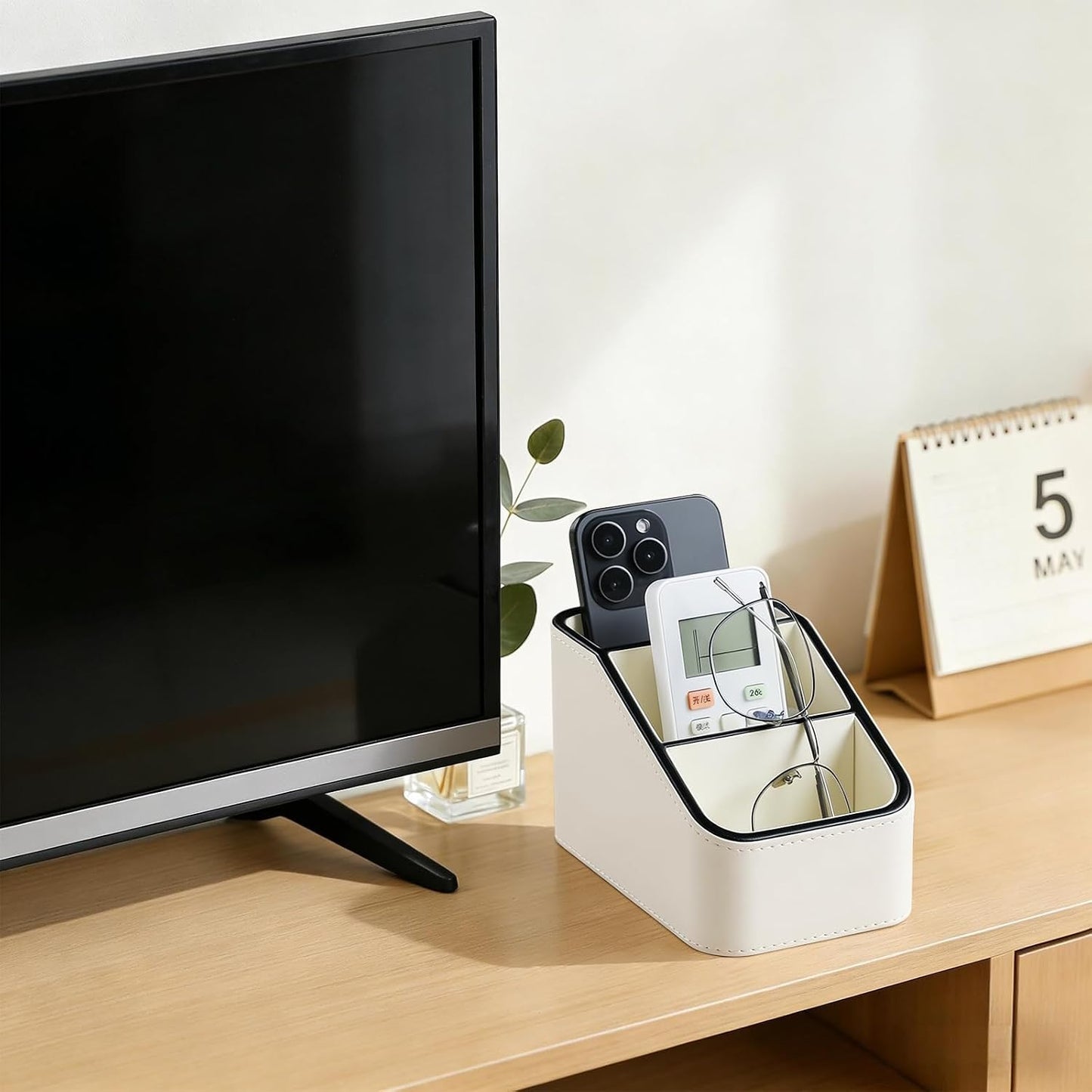 Remote Control Holder, Small Desk Organizer TV Remote Caddy, Black | PU Leather 3 Compartments Remote Holder, Remote Organizer Nightstand Organizer for Couch Bedside Living Room Office