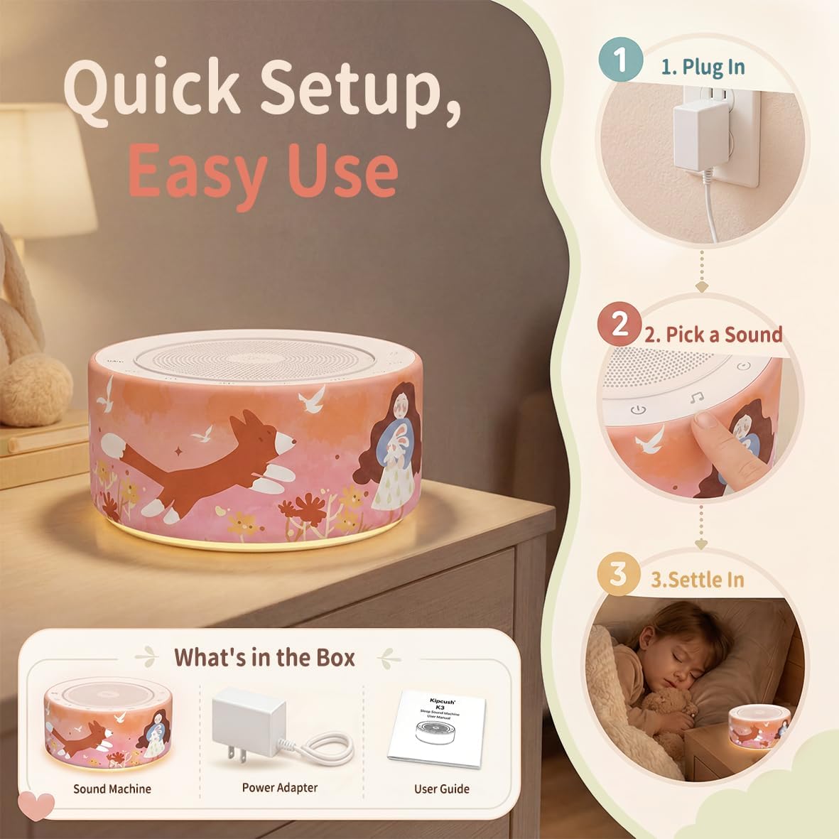 Kipcush White Noise Machine for Baby & Adults, 30 Soothing Sounds, Sleep Sound Machine with 8 Color Night Light, Memory Function, White Noise for Sleeping, Nursery, Office, Travel & Relaxation