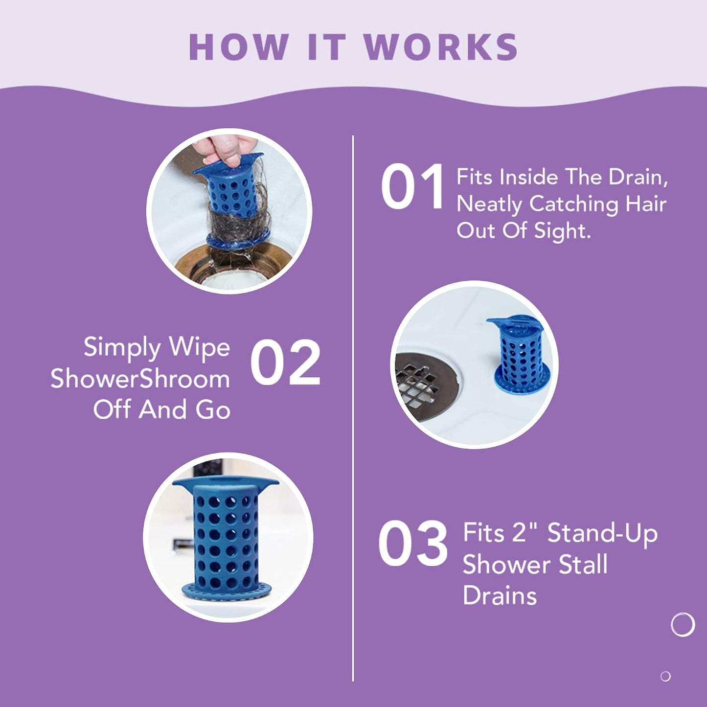 ShowerShroom the Revolutionary 2" Stand-Up Shower Stall Drain Protector Hair Catcher/Strainer, Blue