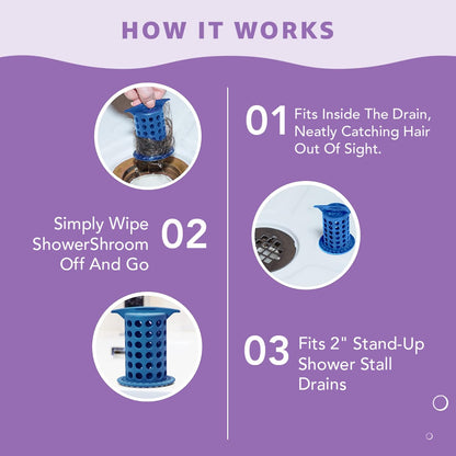ShowerShroom the Revolutionary 2" Stand-Up Shower Stall Drain Protector Hair Catcher/Strainer, Blue