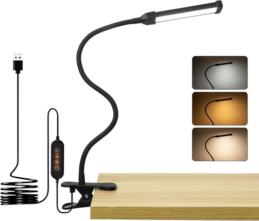 Clamp Light with Stepless Dimming and Timer, 24 LED Clip on Reading Light for Bed Headboard, 3 Color Temps, Flexible Gooseneck USB Desk Lamp for Workshop Home Office(Black)