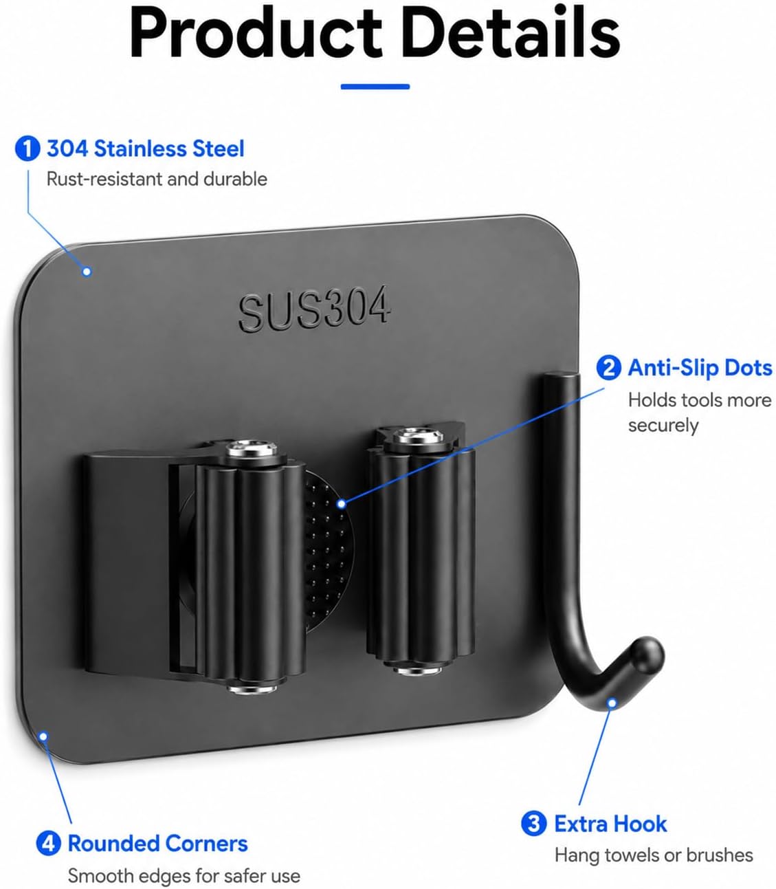6Pcs Broom Holder Wall Mount With Hooks, Damage-Free Broom And Mop Organizer Wall Hanging, Heavy Duty Self Adhesive Broom Hanger Clips Storage Rack For Garden, Laundry Room Tools, SUS 304, Matte Black