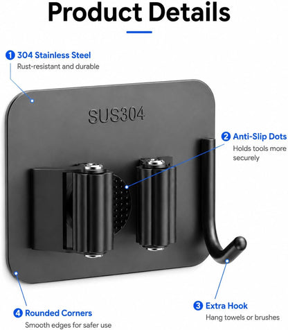 6Pcs Broom Holder Wall Mount With Hooks, Damage-Free Broom And Mop Organizer Wall Hanging, Heavy Duty Self Adhesive Broom Hanger Clips Storage Rack For Garden, Laundry Room Tools, SUS 304, Matte Black