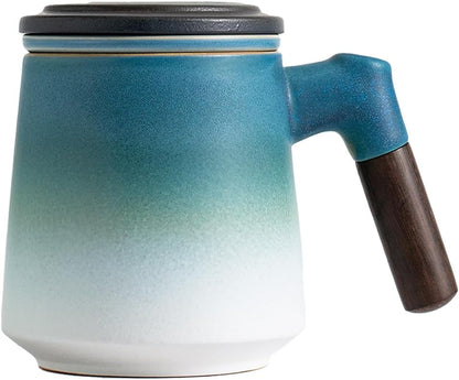 ZENS Tea Cup with Infuser and Lid & Coaster for Tea Steeper, 15oz Blue | Embossed Ceramic Tea Infuser Mug for Loose Leaf Tea Difussers, Tea Lovers Gifts, Nature Wood Handle