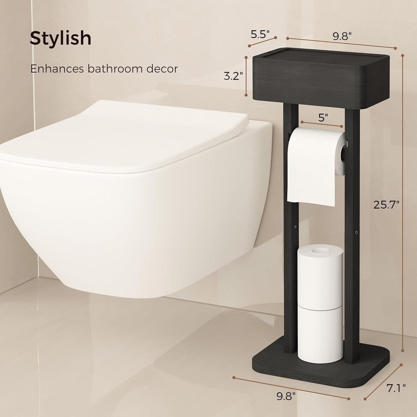 4-in-1 Black Toilet Paper Holder Stand with Storage Shelf Box, 360° Rotating Bamboo Free Standing Toilet Tissue Roll, Toilet Wipes Dispenser Organizer, Temporary Desktop for Bathroom (Patent) | 360° Rotating Bamboo Free Standing Toilet Tissue Roll,