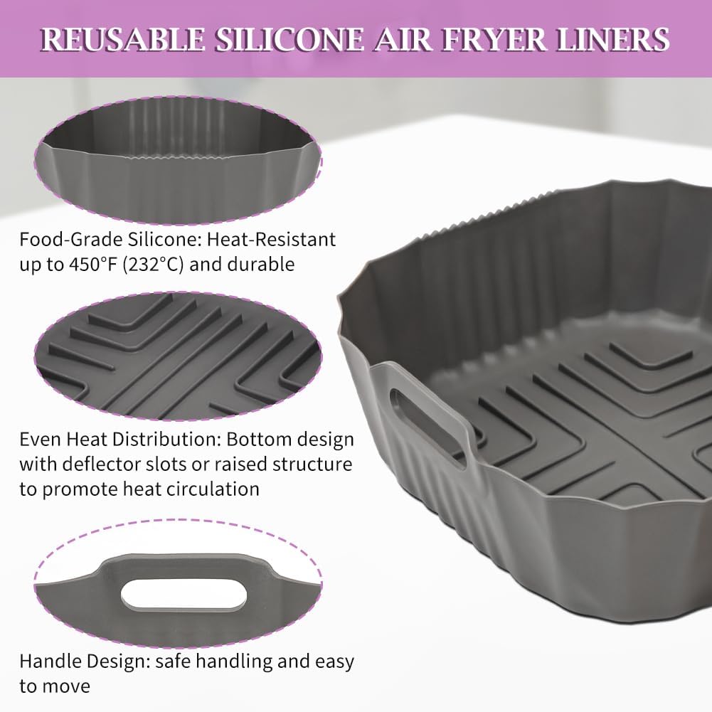 YQL 2PCS Silicone Air Fryer Liners for Ninja Crispi FN101 Air Fryer, Non-Stick Reusable Accessories Basket for Portable Glass Air Fryer, Big Liner for 4 QT Container & Small Liner for 6 Cups Container