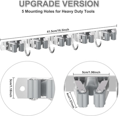 HANZENMA Broom Holder Wall Mount, Broom Organizer Wall Mount Stainless Steel Broom and Mop Hanger Heavy Duty Storage Organization for Home Kitchen Garden Garage Room 5 Racks 4 Hooks
