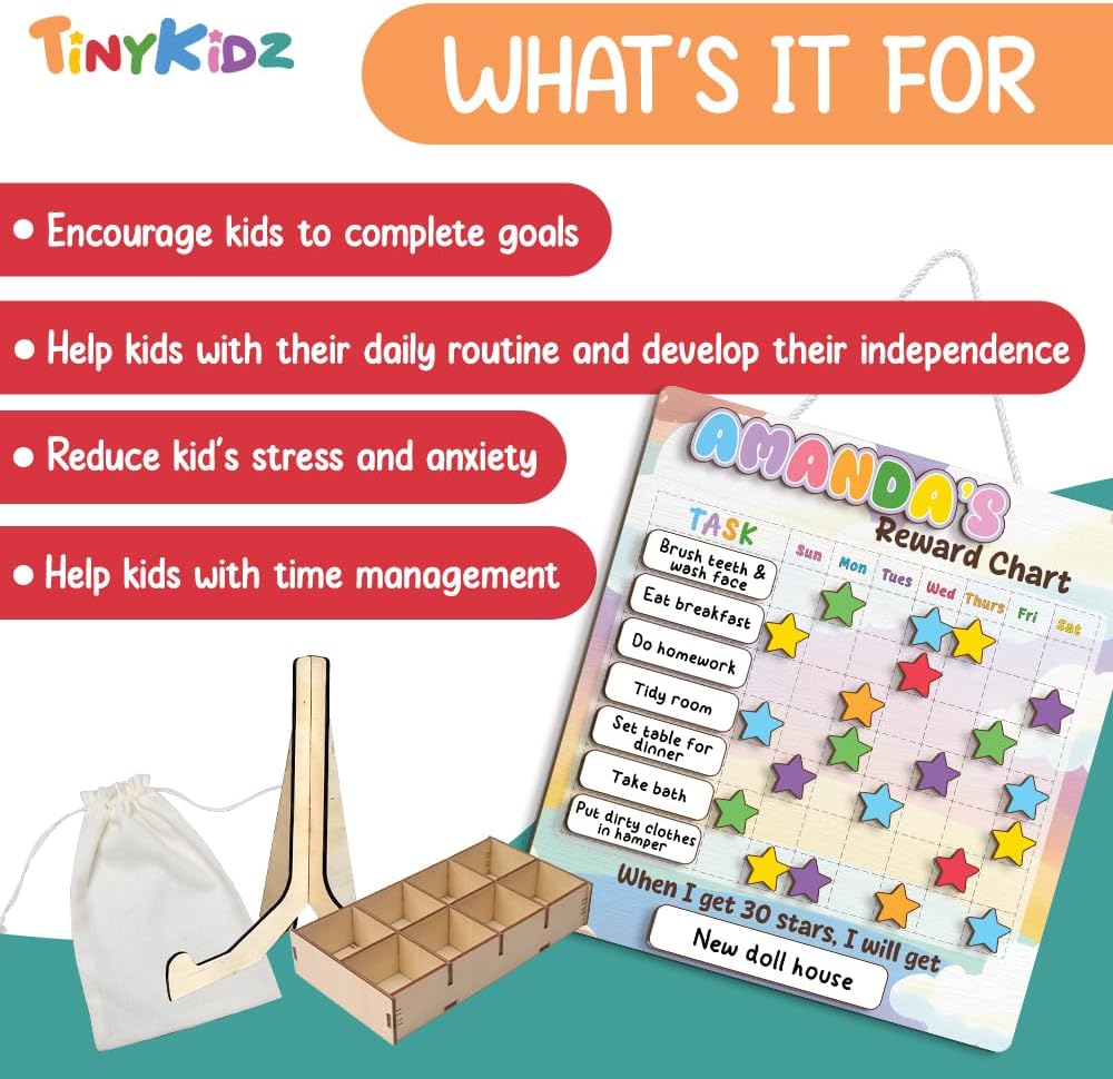 TinyKidz Wooden Daily Routine Chart 11x15, Schedule Board for Kids, Wooden Chore Chart for Kids, Responsibilities Chart for Toddlers, Morning Bedtime Routine for Toddlers