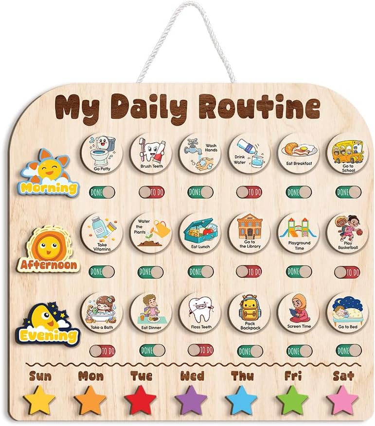 Wooden Daily Routine with Stars, Chore Chart for Kids, Visual Schedule for Kids, Morning Evening Routine Chart, Preschool Routine Chart, Routine Chart for Kids
