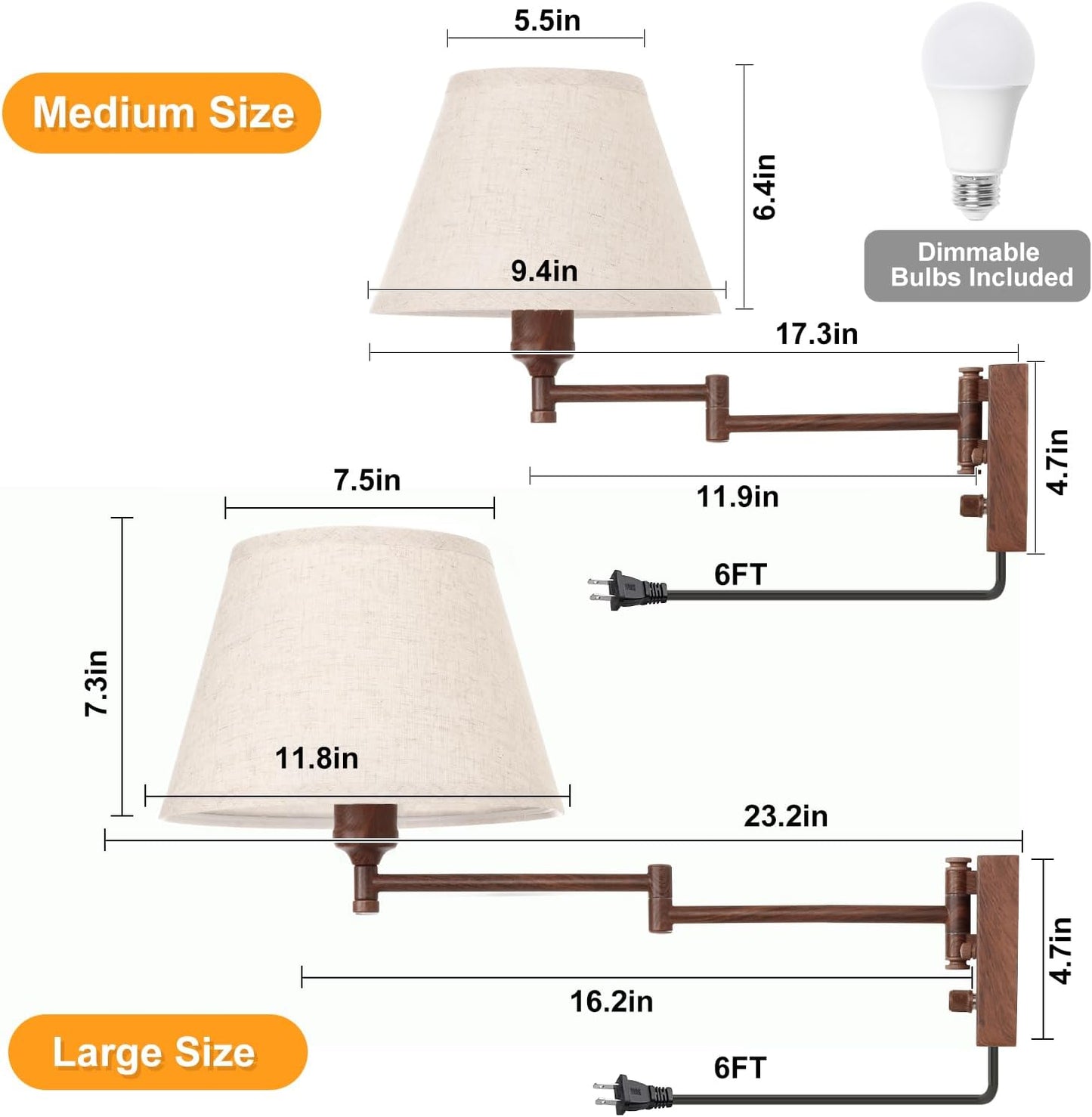 TRLIFE Wall Sconce Plug in, Dimmable Wall Sconces Set of Two Swing Arm Wall Lights with Plug in Cord and On/Off Dimmer Rotary Switch, 9.4" Medium Beige Fabric Shade(2 Pack, 2 Bulbs)