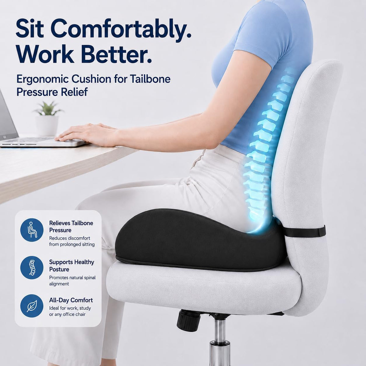 X Large Memory Foam Seat Cushion for Office Chair, High-Density Pad with Non-Slip Bottom and Adjustable Strap, Tailbone Pressure Relief for Long Sitting, Desk Work, Car, Wheelchair, Black