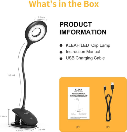 KLEAH Clip on Light for Bed & Desk, Reading in Bed, Dorm, Battery Operated Rechargeable Clamp Lamp for Headboard, Eye-Caring LED Light with 3 Brightness Modes & Flexible Gooseneck (Black)