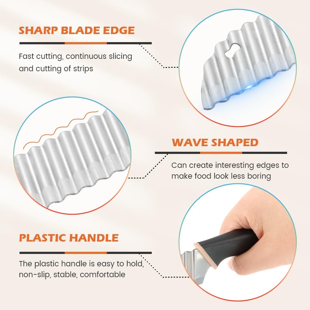 Crinkle Cutter Knife, Rubber Handle Stainless Steel Fries Cutter Slicer with Onion Holder, Vegetable Salad Chopping Knife Home Kitchen Wavy Blade Cutting Tool(Black)