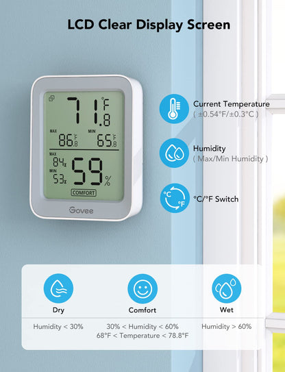 Govee Indoor Hygrometer Thermometer H5075 with Bluetooth App Control | Room Temperature Humidity Meter, 164ft Remote Monitor, Smart Alerts, 2 Years Data Storage Export, for Bedroom Wine Cellar