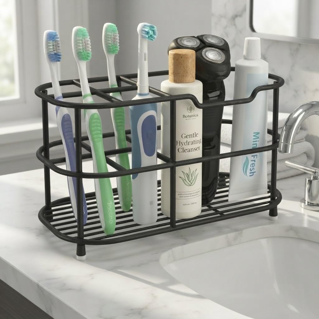 Bathway Toothbrush Holder for Bathroom, 6.9"L x 3.4"W x 4"H, Matte Black, L | Waterproof, Rust-Proof, More Durable, Multifunctional, Large-Capacity, Non-Slip, Anti-Tip, Self-Draining, Stylish Appearance