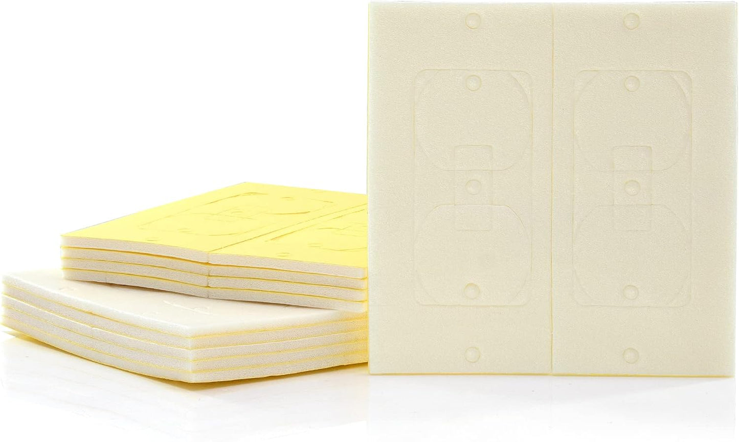 Double Gang Self-Adhesive Wall Plate Insulation Gasket 10 Pack — 2-Gang Peel-and-Stick Outlet Sealer & Foam Draft Stopper for Double Switches, Decora, GFCI — Weatherproof Polyethylene
