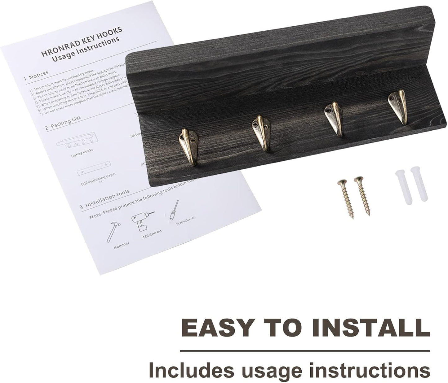 HRONRAD Rustic Key Holder for Wall, Farmhouse Wall Shelf with 4 Hooks, Wall Mounted Key Racks, Wooden Mail Organizer with Hooks for Entryway (Brown - Pine)